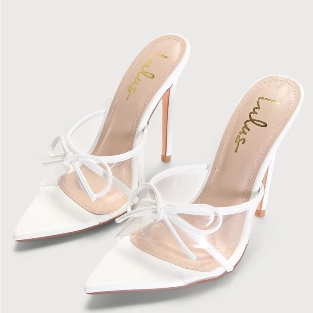 Lulu's White Pointed-Toe Stiletto Mules with Bow